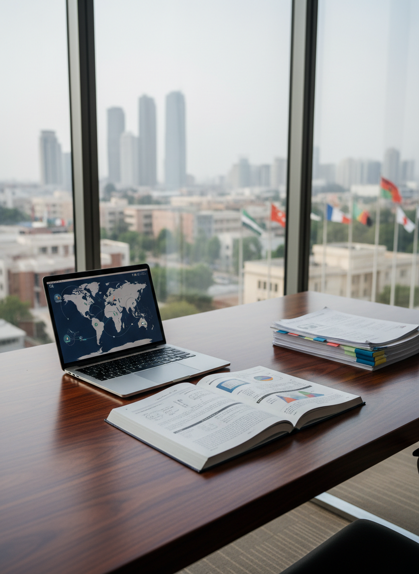 A polished dark-wood faculty desk in a modern international university office, topped with an open bilingual academic journal, a sleek silver laptop displaying a world map interface, and neatly stacked research papers with color-coded tabs. Floor-to-ceiling windows reveal a blurred city skyline and hints of diverse global campuses in the distance. Soft afternoon daylight pours in, creating gentle reflections on the laptop and subtle shadows along the grain of the desk. Photographic realism at eye level with a slight angle, emphasizing clean lines, intellectual focus, and a sophisticated, minimalist editorial mood suitable for a serious international academic news site.