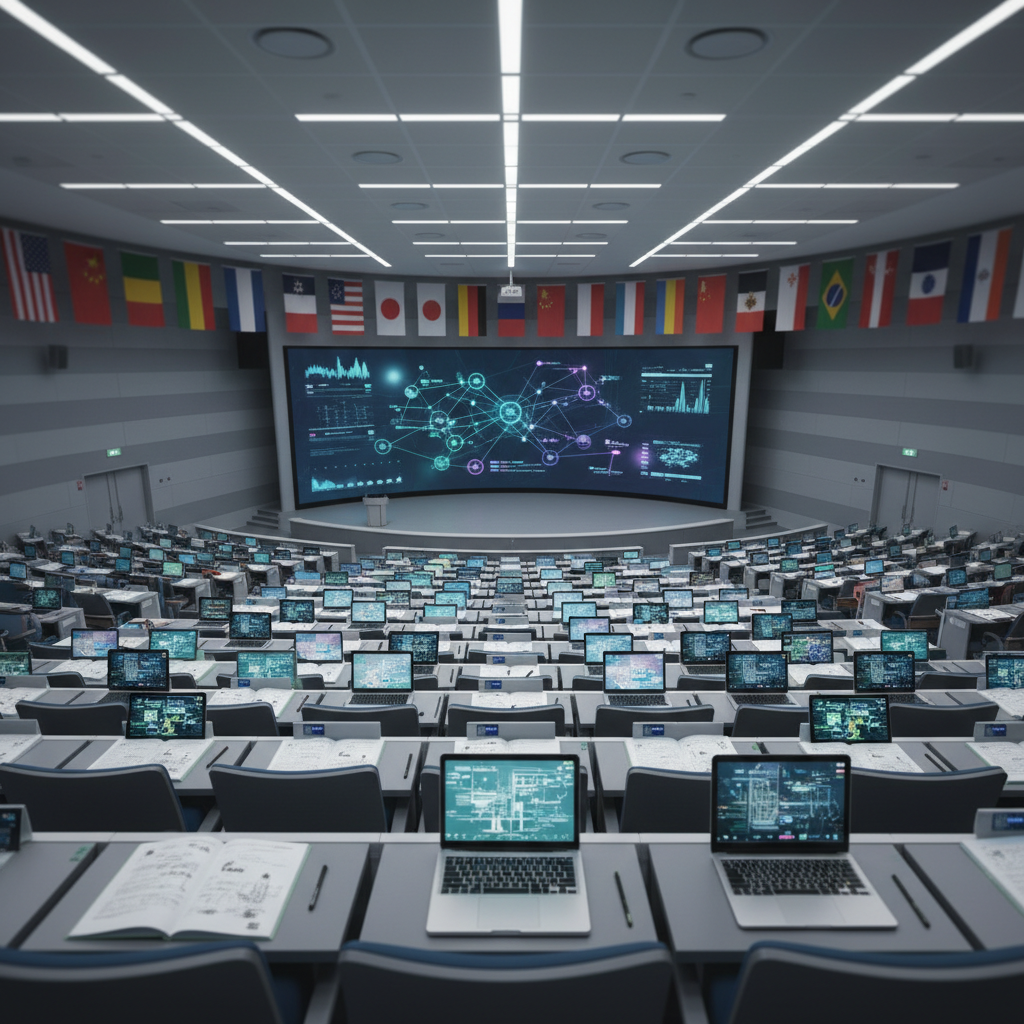 An expansive, contemporary lecture hall seen from a high, slightly elevated perspective, every seat occupied not by visible people but by meticulously arranged open notebooks, tablets, and slim laptops glowing softly. Flags from different countries hang in a refined row along the back wall, slightly out of focus, suggesting global academic collaboration. Overhead, diffused LED panel lighting creates even, neutral illumination with a professional, editorial feel. The front stage features a large, ultra-wide digital display showing abstract data visualizations and interconnected nodes. The mood is scholarly and cosmopolitan, with photographic realism and sharp focus throughout, conveying structured, international intellectual exchange.