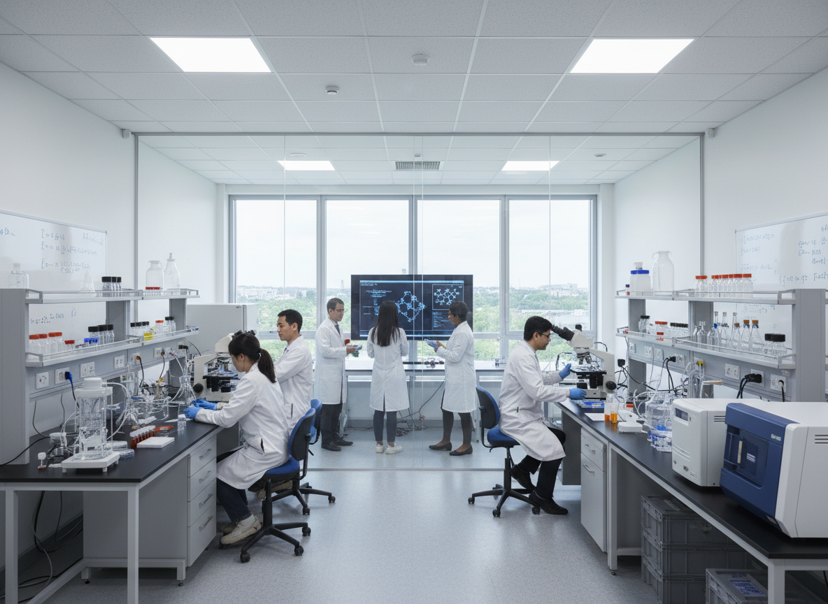 International scientists collaborating in a modern research lab
