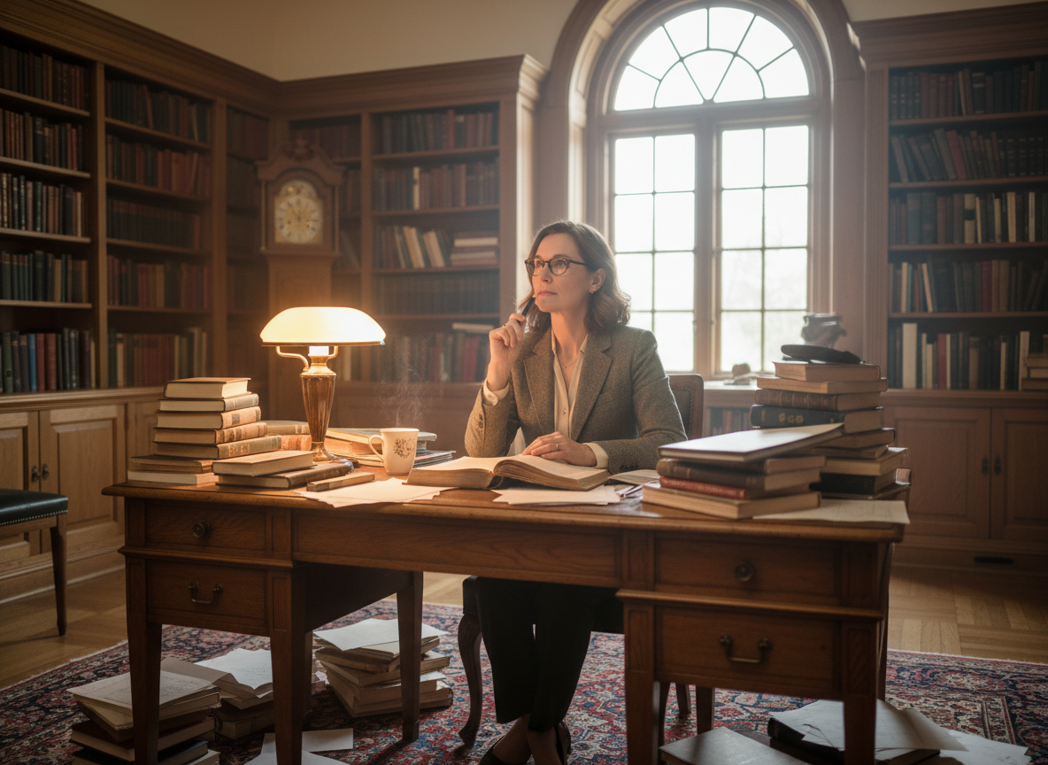 A thoughtful academic scholar sitting at a desk surrounded by books